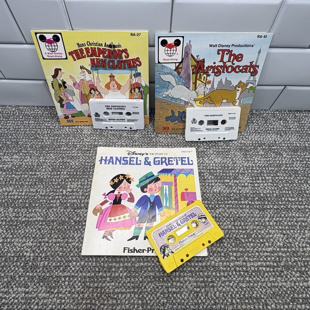 Books Read Along Tapes Disney VTG 70s Hansel Emperor Aristocrats